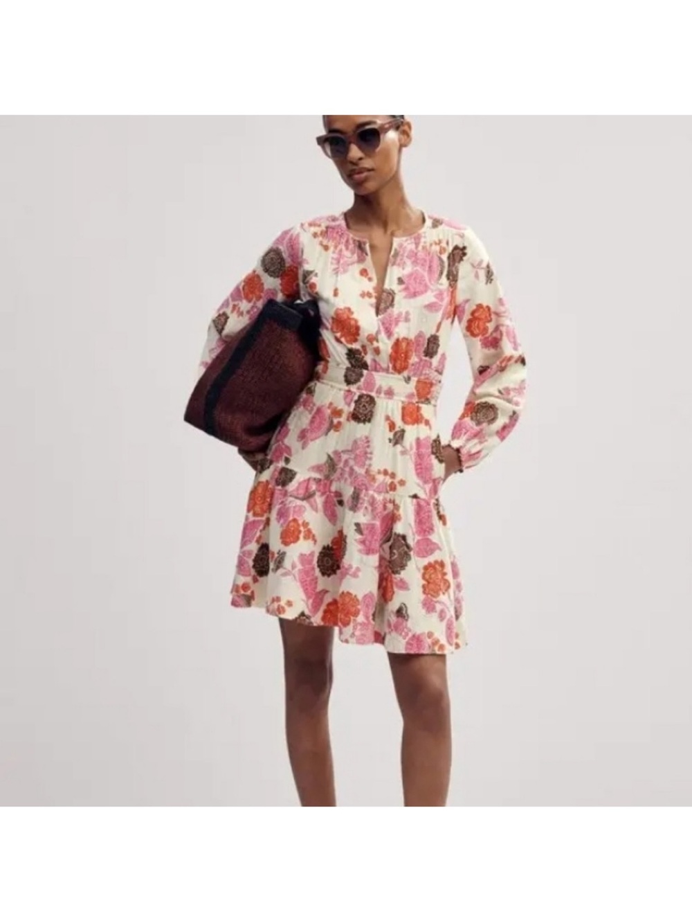 ME+EM Pink & Cream Floral Long-Sleeve Tiered Mini Dress